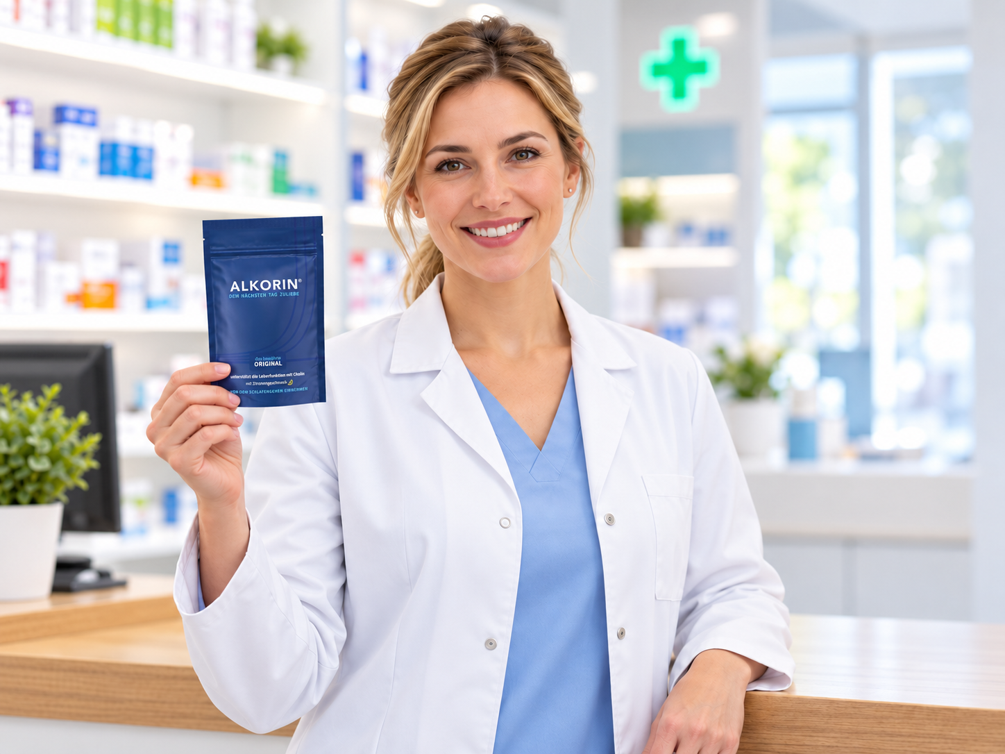 Apothekerin empfiehlt ALKORIN® in einer hellen Apotheke